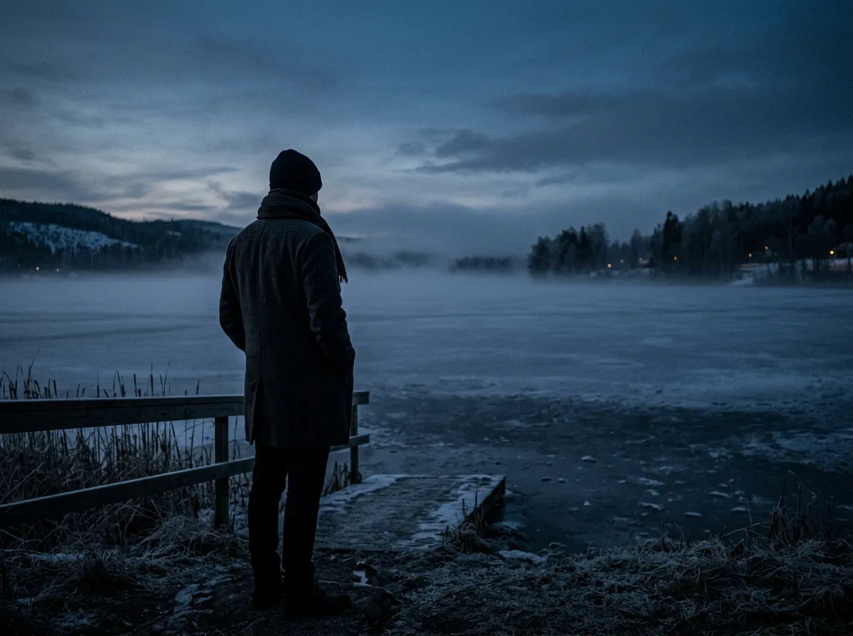 Atmospheric silhouette of author Julian Kells looking across a misty winter lake