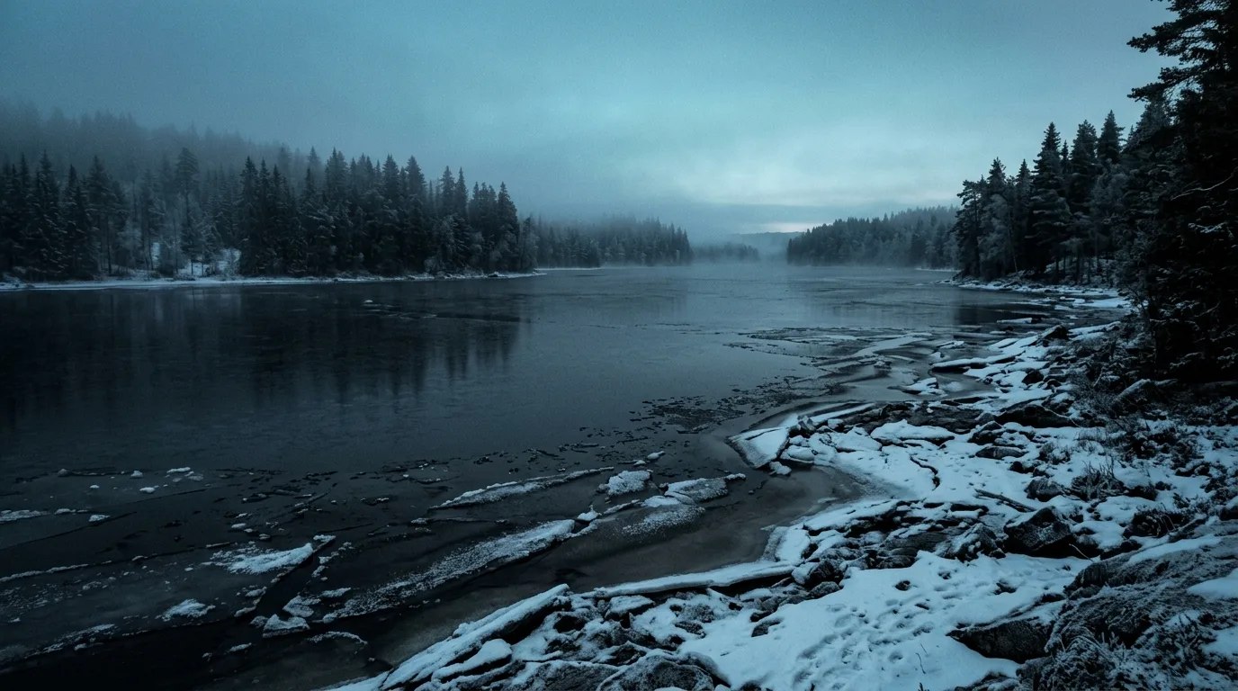 Misty winter blue hour view of Lake Greywake with frozen shoreline and dark pine forests